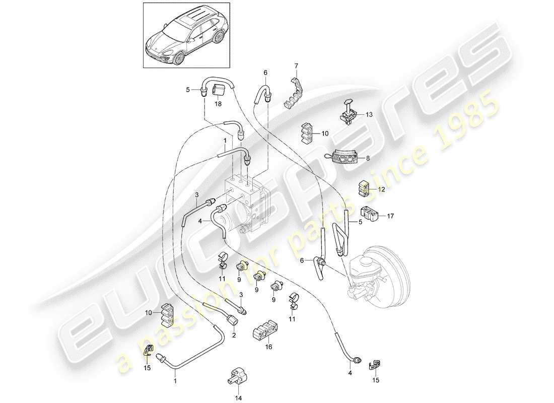 Porsche Cayenne E2 (2015) líneas de freno Diagrama de piezas