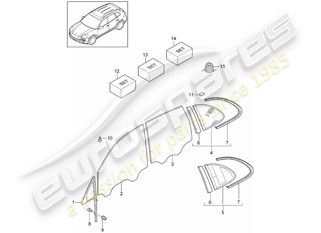 Porsche Cayenne E2 (2015) VIDRIOS DE VENTANAS Diagrama de piezas