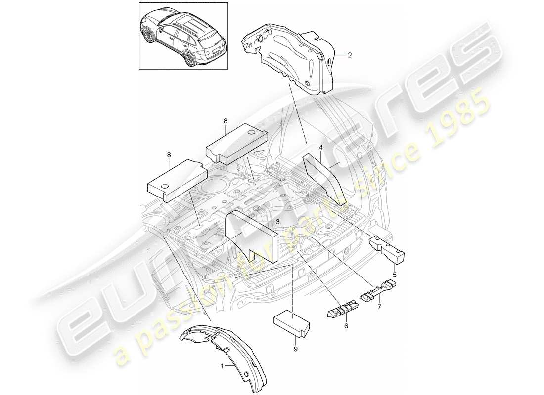 Porsche Cayenne E2 (2015) absorbente de sonido Diagrama de piezas