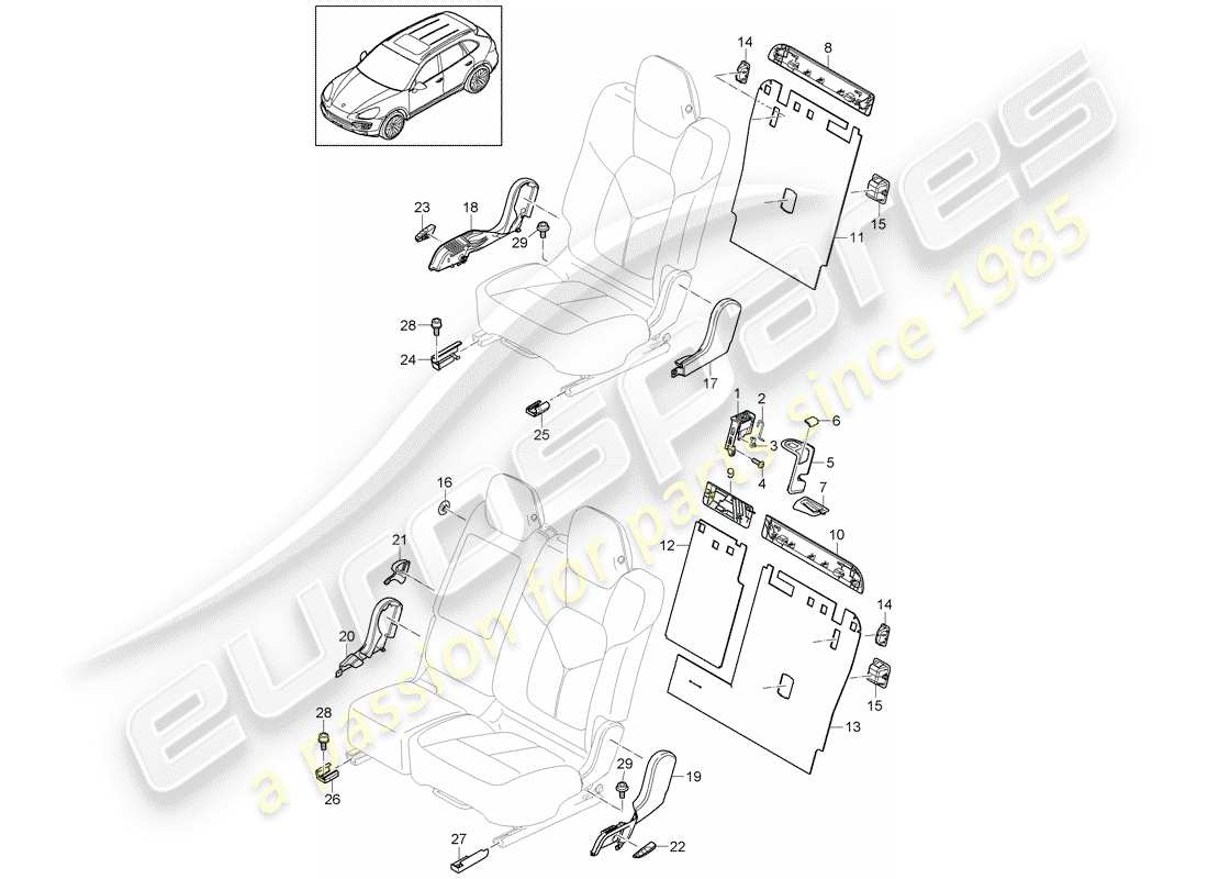Porsche Cayenne E2 (2015) respaldo del asiento trasero Diagrama de piezas