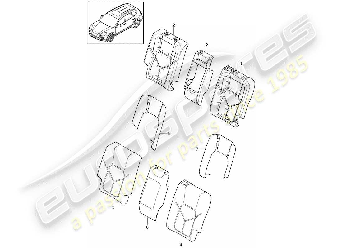 Porsche Cayenne E2 (2015) respaldo del asiento trasero Diagrama de piezas
