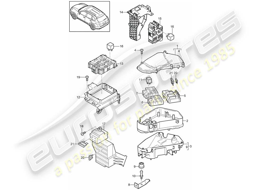 Porsche Cayenne E2 (2015) caja de fusibles/placa de relés Diagrama de piezas