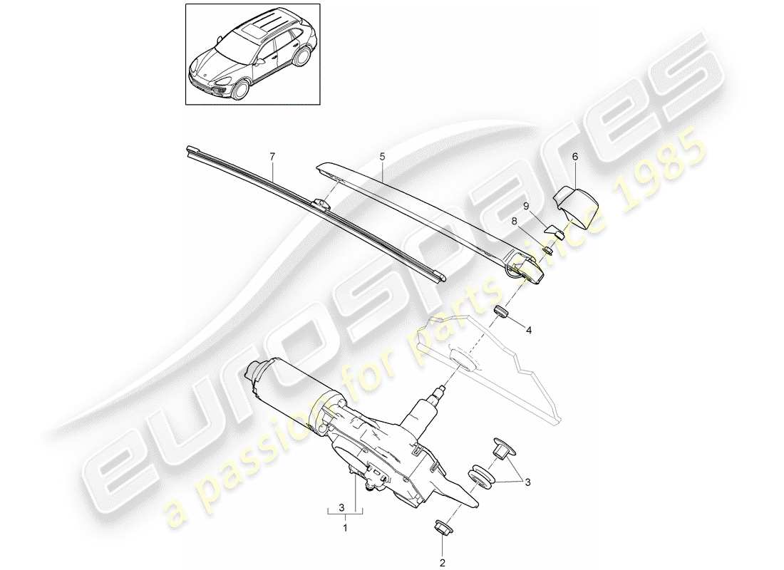 Porsche Cayenne E2 (2015) limpiaparabrisas trasero Diagrama de piezas