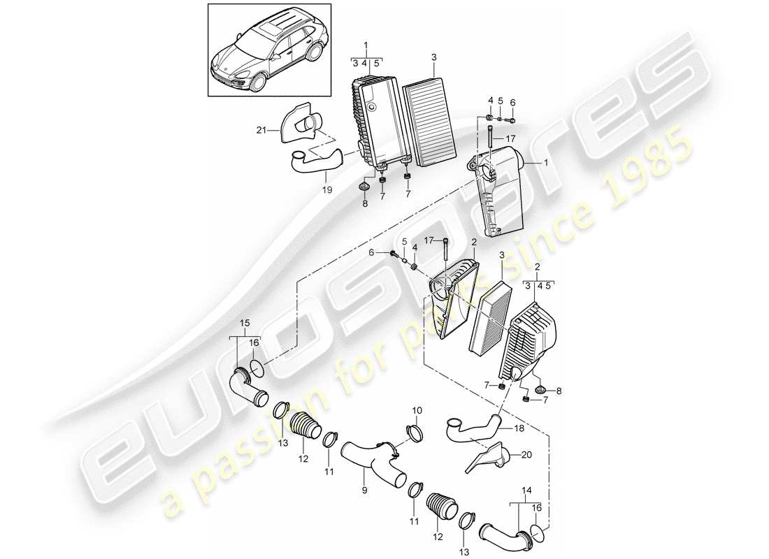 Porsche Cayenne E2 (2018) filtro de aire con conexión Diagrama de piezas