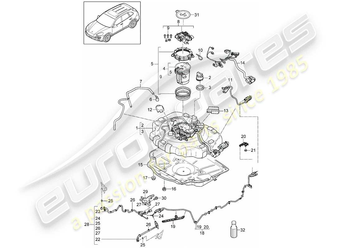 Porsche Cayenne E2 (2018) ex. sistema de control de emisiones Diagrama de piezas