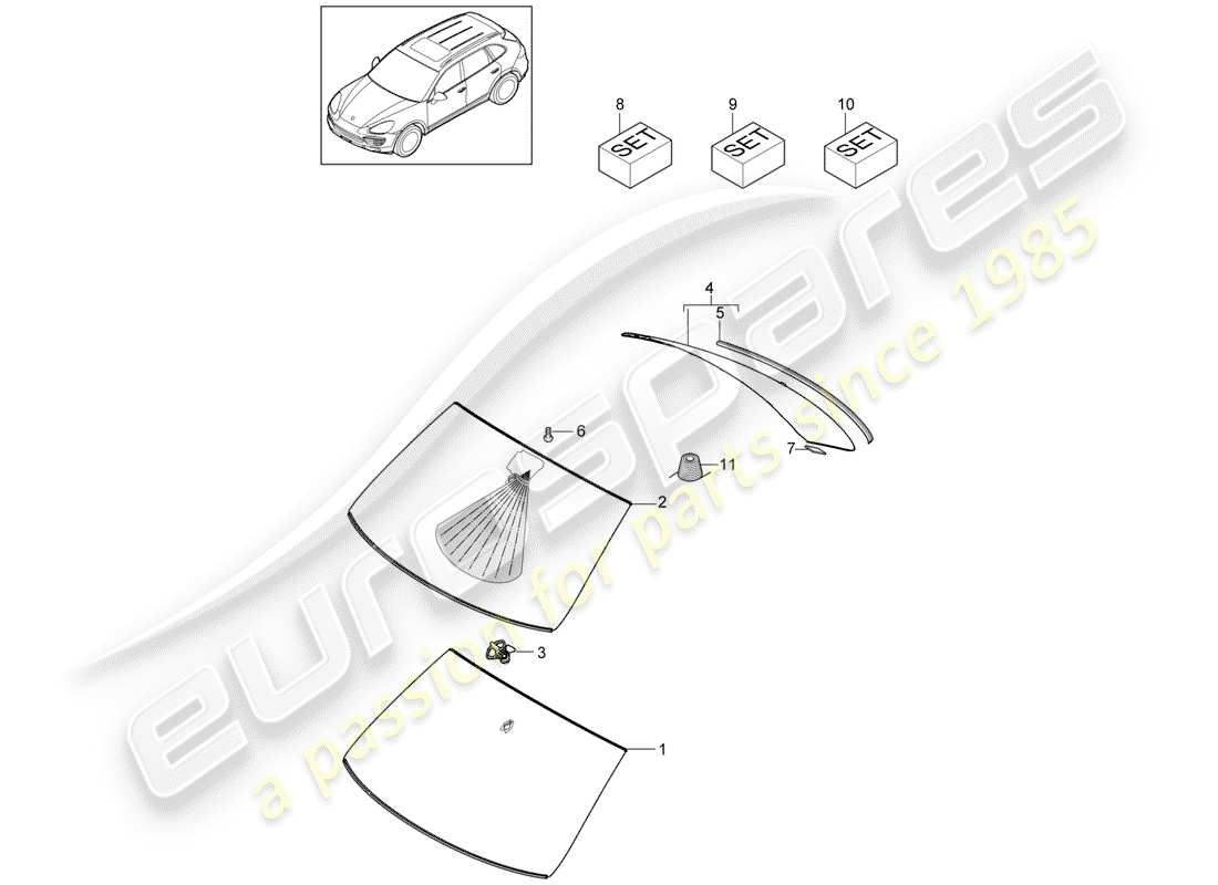 Porsche Cayenne E2 (2018) VIDRIOS DE VENTANAS Diagrama de piezas
