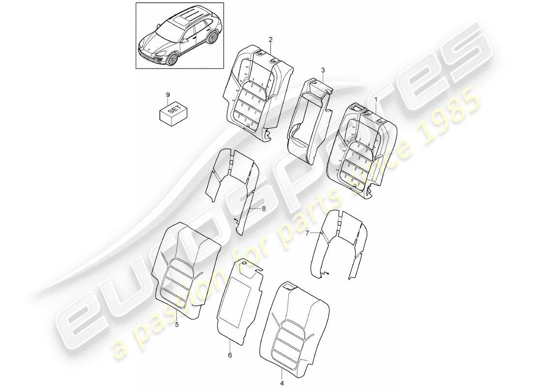 Porsche Cayenne E2 (2018) respaldo del asiento trasero Diagrama de piezas