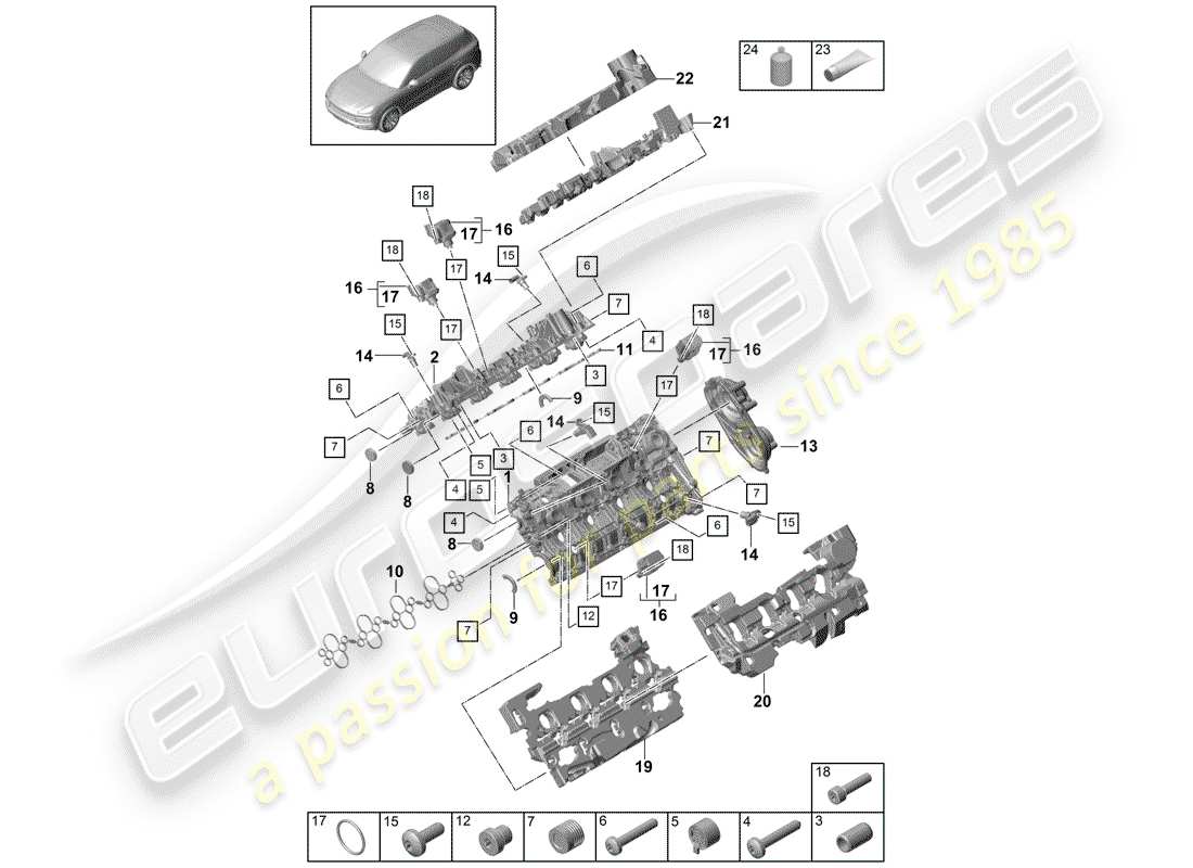 Porsche Cayenne E3 (2018) cubierta de tapa de cilindro Diagrama de piezas