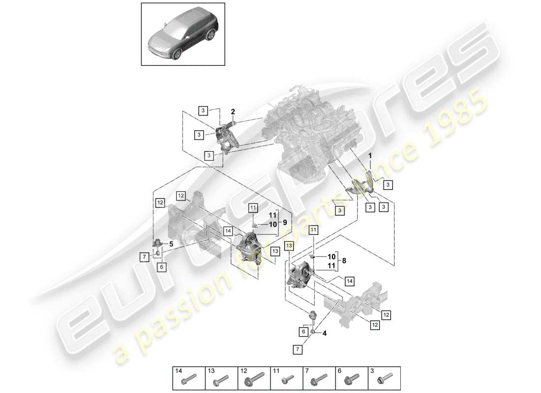 Porsche Cayenne E3 (2018) DISPOSITIVO DE ELEVACIÓN DEL MOTOR Diagrama de piezas