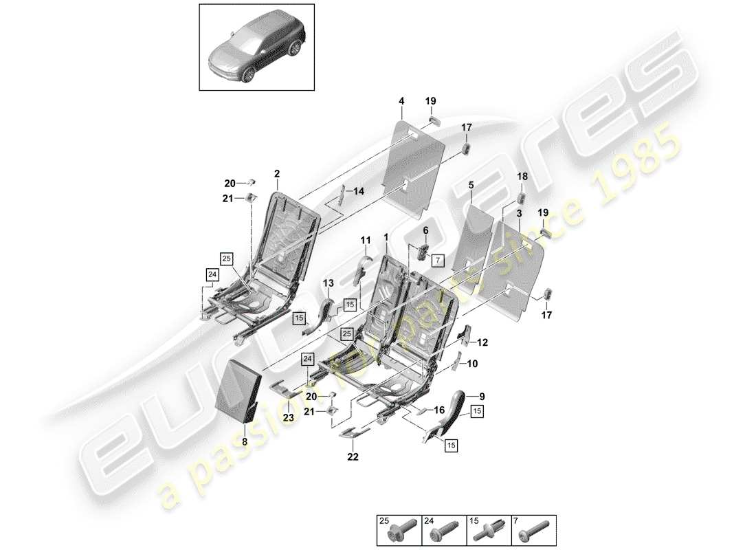 Porsche Cayenne E3 (2018) respaldo del asiento trasero Diagrama de piezas