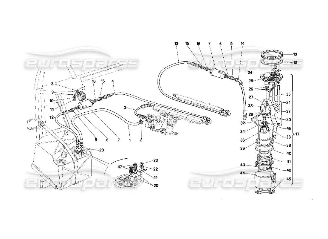 Ferrari F40 Bomba y tubería de combustible -Válido para EE. UU.- Diagrama de piezas