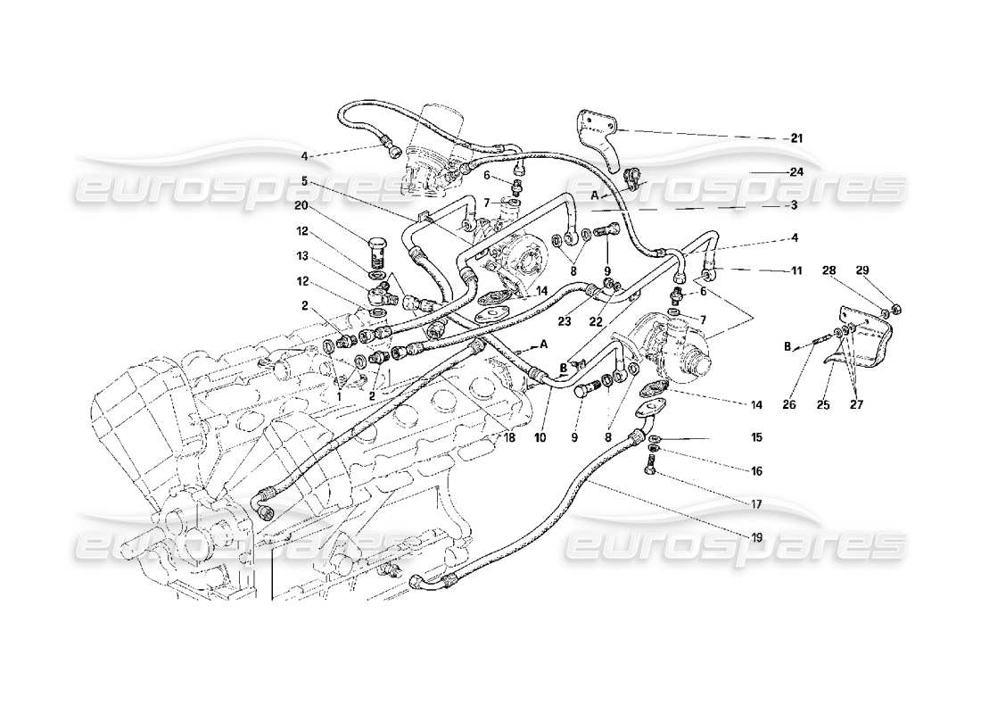 Ferrari F40 Sistema de sobrealimentación Lubricación y Enfriamiento -Válido para autos con catalizador- Diagrama de piezas