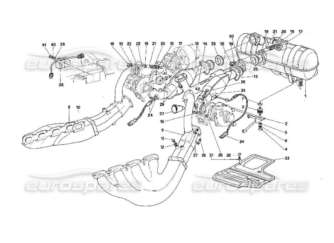 Ferrari F40 Sistema de escape -Válido para autos con catalizador- Diagrama de piezas