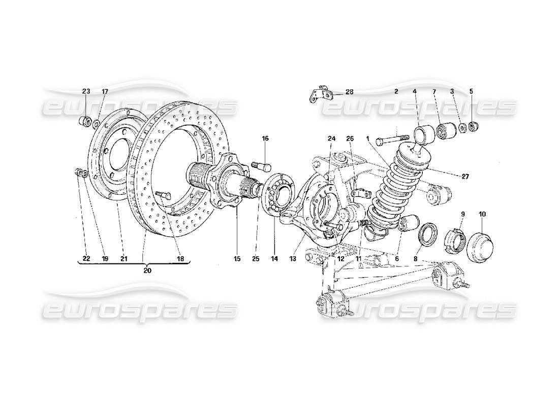 Ferrari F40 Suspensión Delantera - Amortiguador y Disco de Freno Diagrama de piezas
