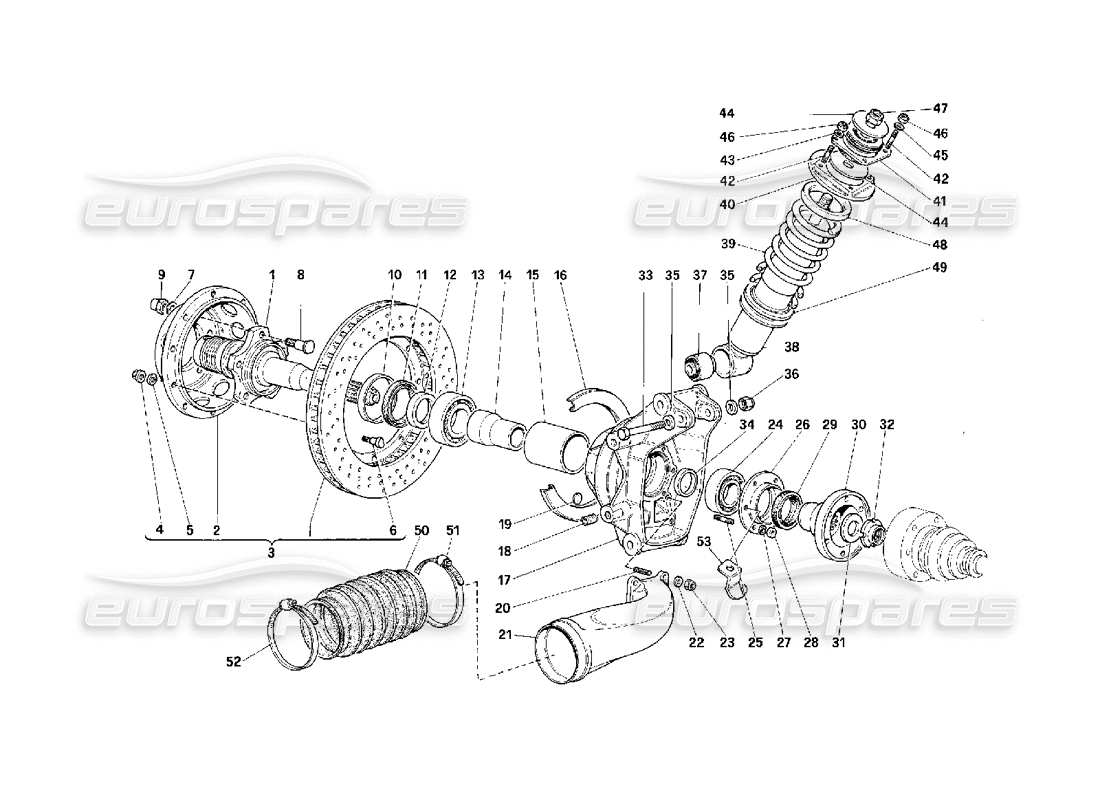 Ferrari F40 Suspensión trasera: amortiguador y disco de freno Diagrama de piezas
