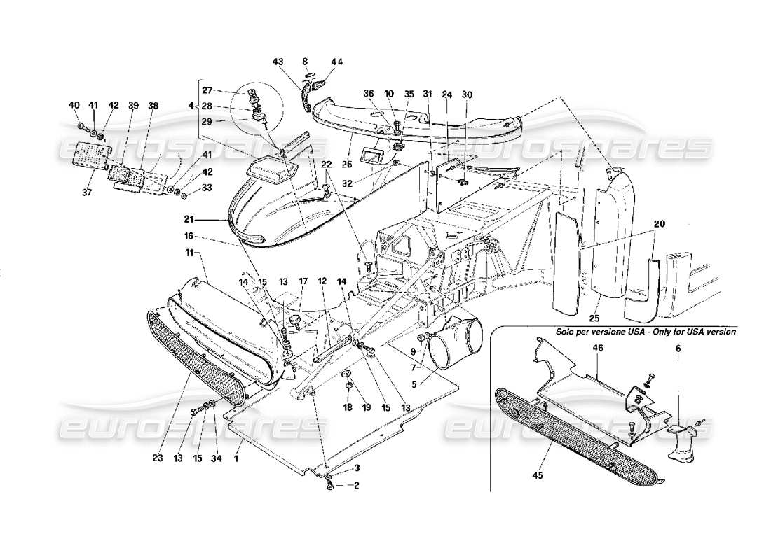 Ferrari F40 Elementos Externos Cuerpo - Parte Delantera Diagrama de piezas