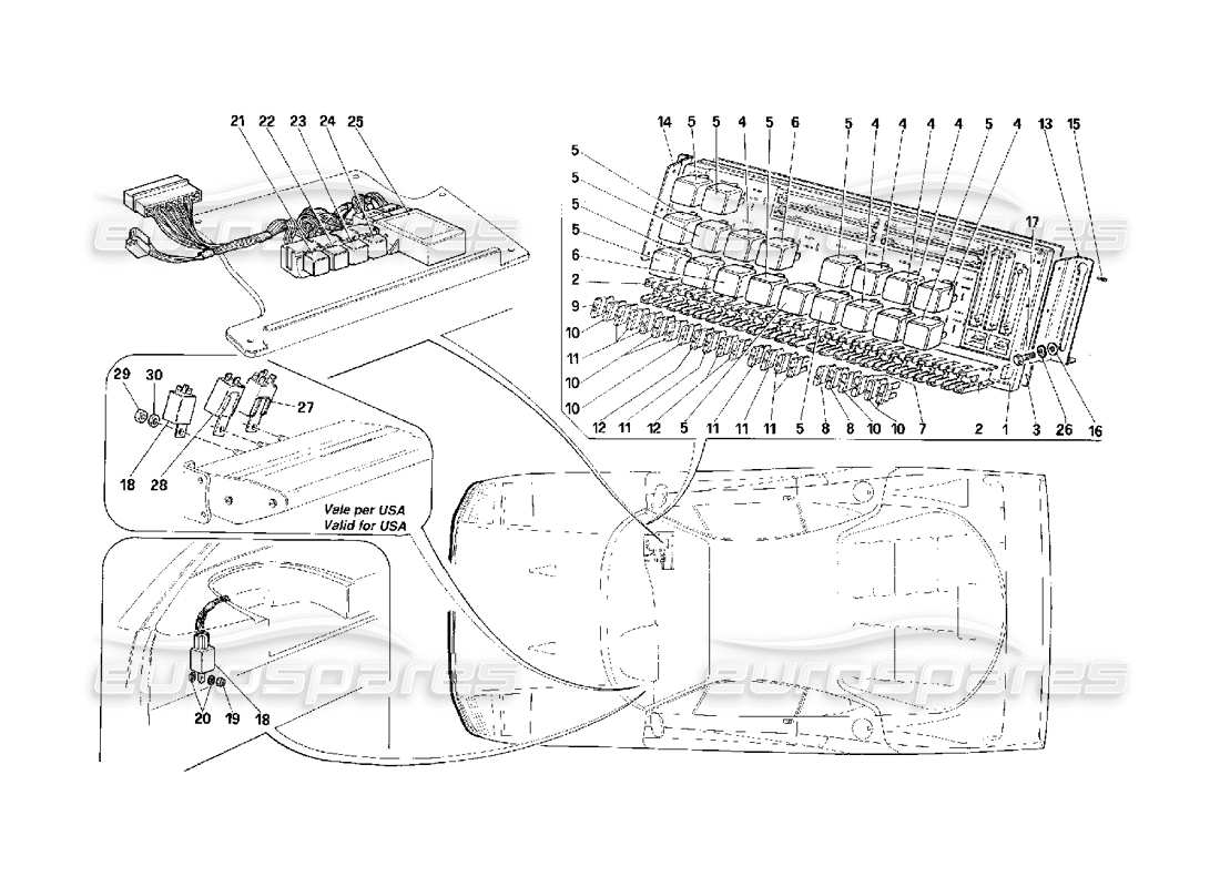 Ferrari F40 Cuadro Eléctrico - Fusibles - Relés Diagrama de piezas