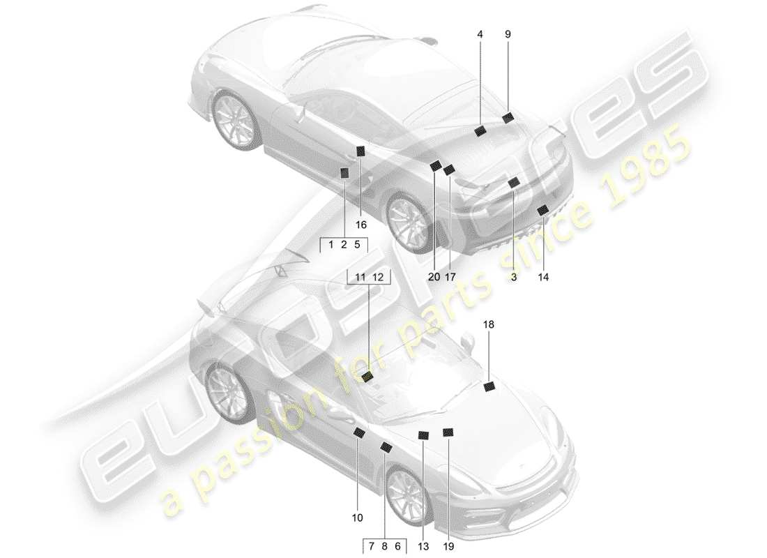 Porsche Cayman GT4 (2016) SEÑALES/AVISOS Diagrama de piezas