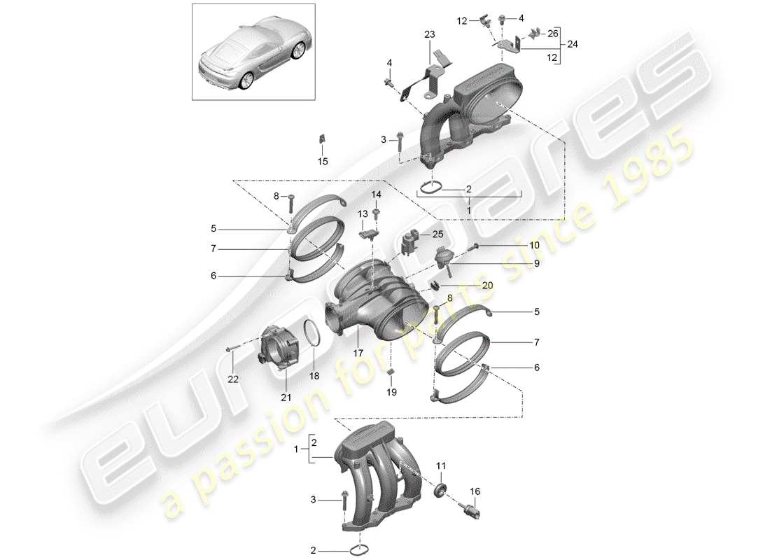 Porsche Cayman GT4 (2016) distribuidor de aire de admisión Diagrama de piezas