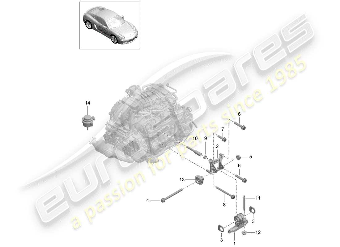 Porsche Cayman GT4 (2016) suspensión del motor Diagrama de piezas