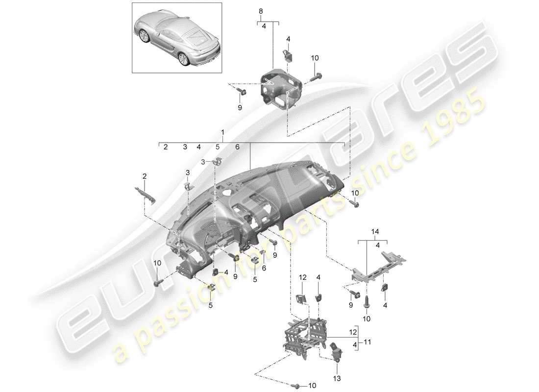 Porsche Cayman GT4 (2016) moldura del panel de instrumentos Diagrama de piezas
