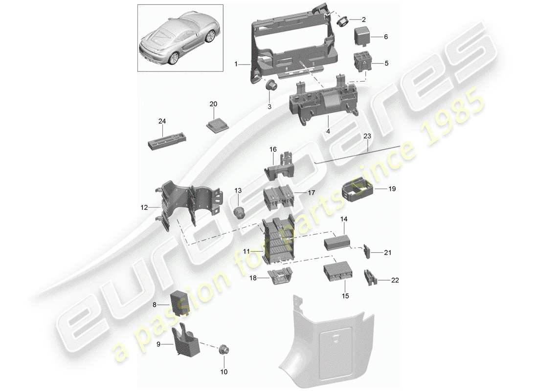 Porsche Cayman GT4 (2016) caja de fusibles/placa de relés Diagrama de piezas