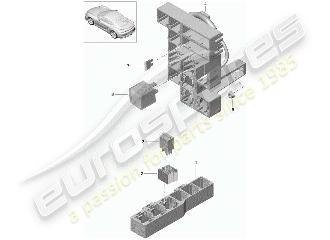 Porsche Cayman GT4 (2016) caja de fusibles/placa de relés Diagrama de piezas