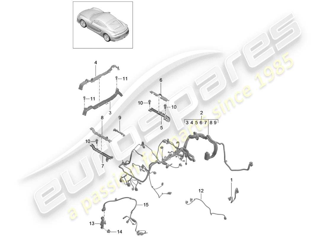 Porsche Cayman GT4 (2016) cableando arneses Diagrama de piezas