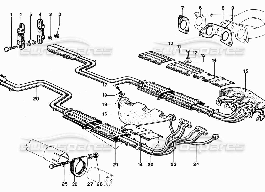 Ferrari 365 GT 2+2 (Mecánico) Conjunto de tubos de escape Diagrama de piezas