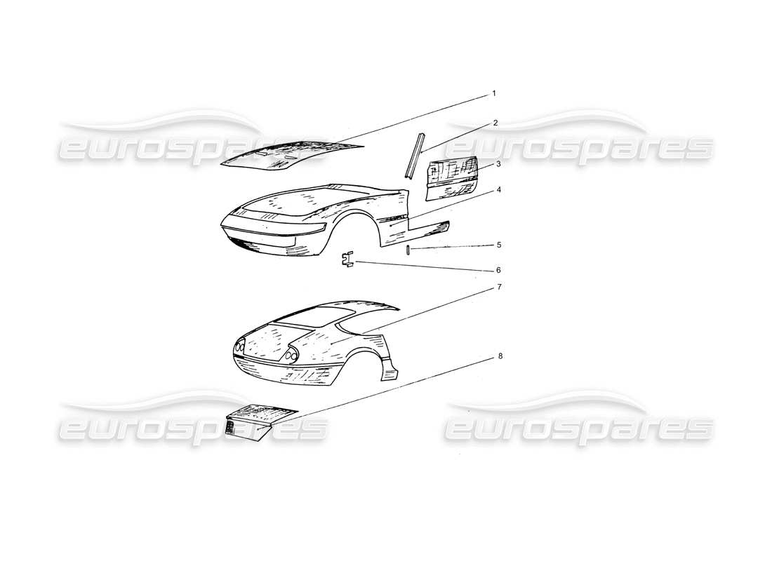 Ferrari 365 GTB4 Daytona (entrenamiento) Front & Rear outer body panels Diagrama de piezas