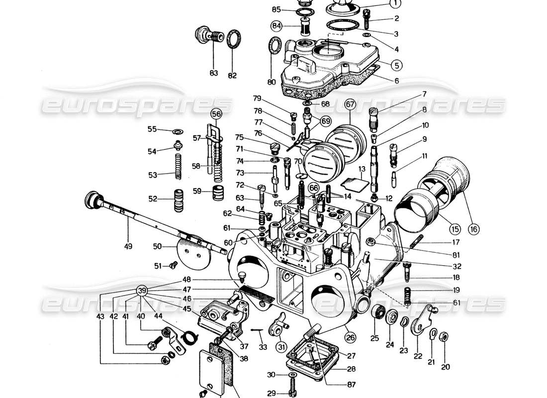 Ferrari 365 GT4 2+2 (1973) Diagrama de piezas del carburador Weber (38 DCOE 59-60)