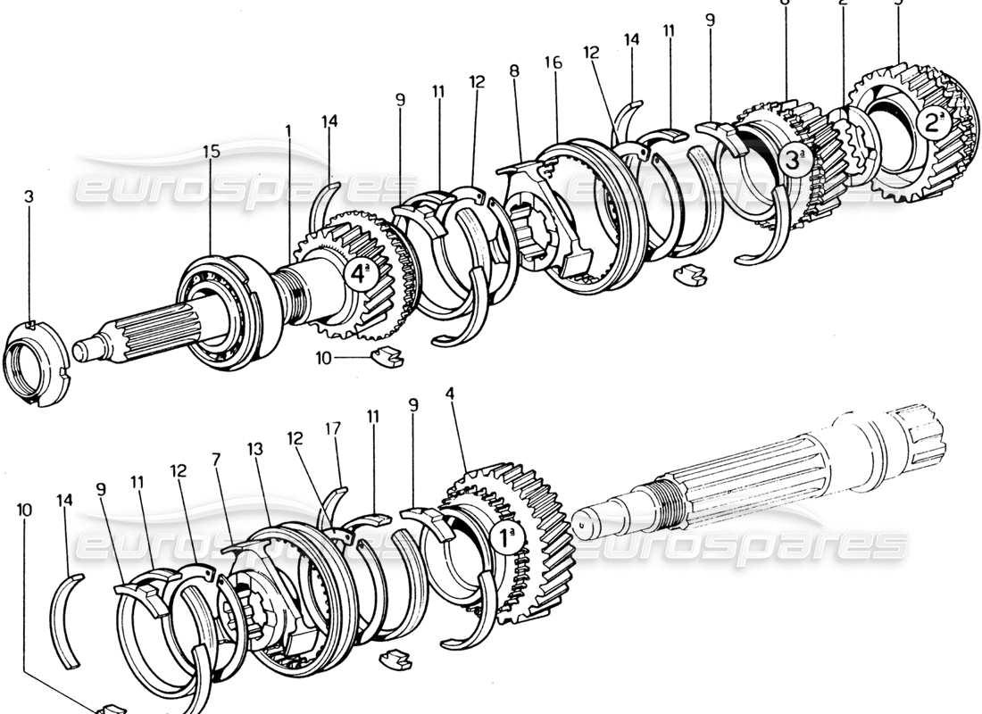 Ferrari 365 GT4 2+2 (1973) Diagrama de piezas de engranajes Lay Shall (extremo frontal)