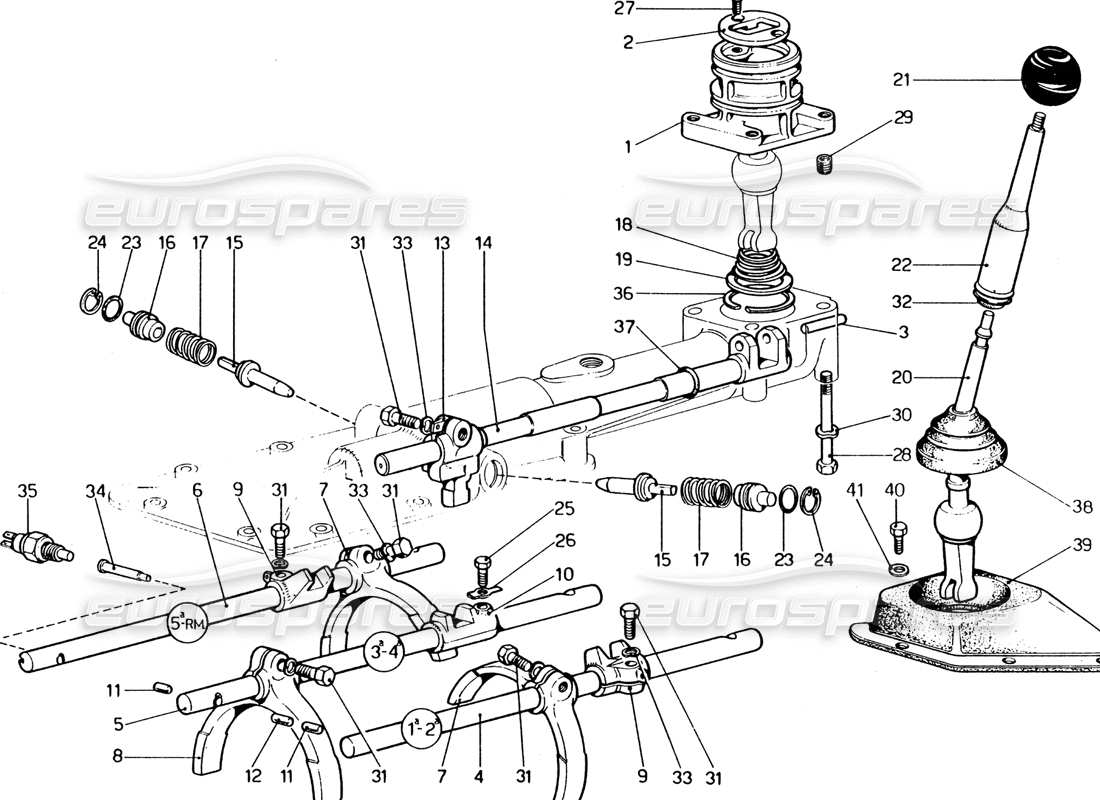 Ferrari 365 GT4 2+2 (1973) Controles externos e internos de la caja de cambios Diagrama de piezas