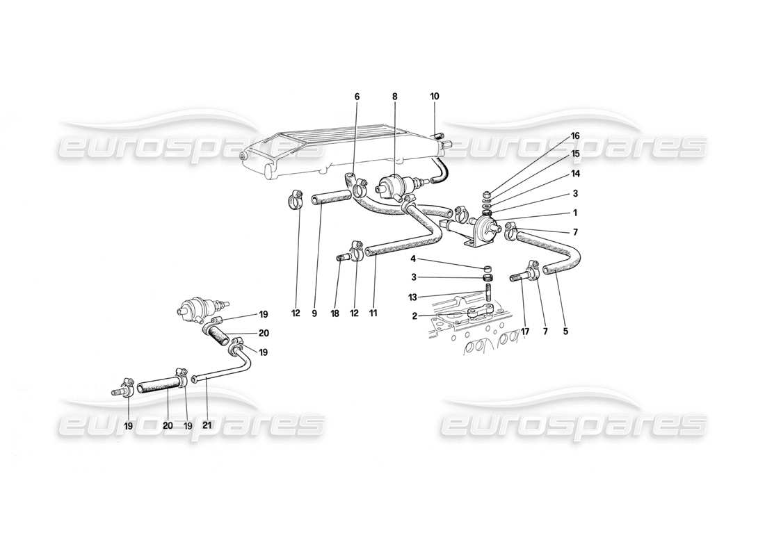 Ferrari Testarossa (1990) Sistema de inyección de combustible: válvulas y líneas Diagrama de piezas