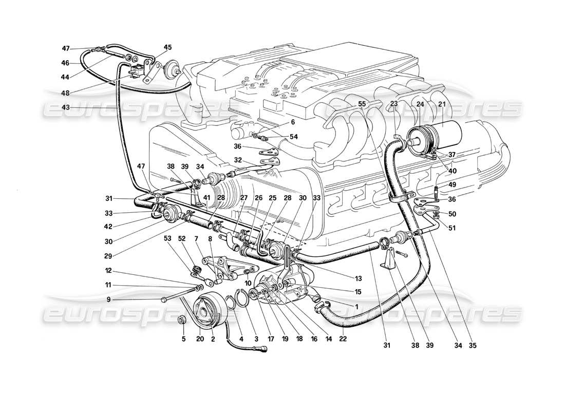Ferrari Testarossa (1990) Diagrama de piezas de tuberías y bomba de aire secundaria (para EE. UU. y CH88)
