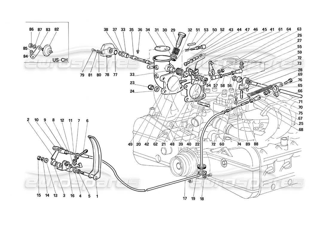 Ferrari Testarossa (1990) Throttle Control Diagrama de piezas