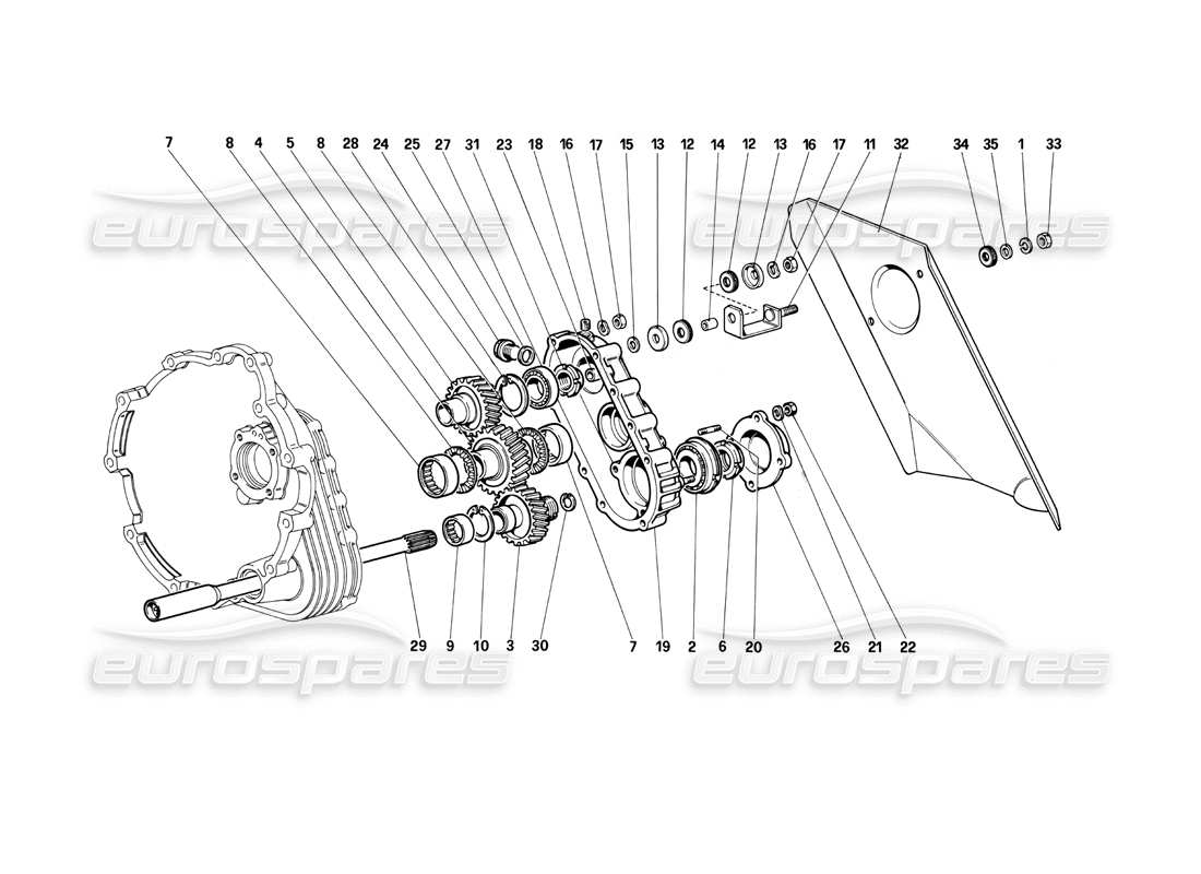 Ferrari Testarossa (1990) Transmisión de caja de cambios Diagrama de piezas