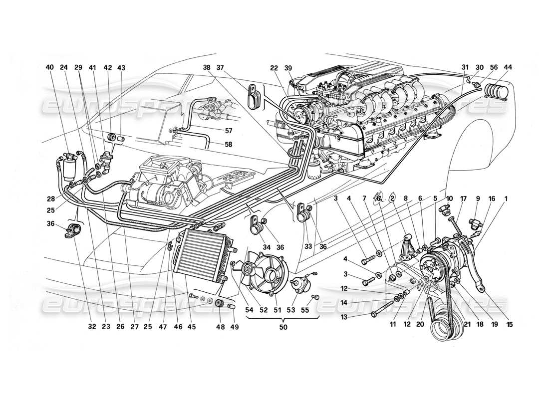 Ferrari Testarossa (1990) Sistema de aire acondicionado Diagrama de piezas