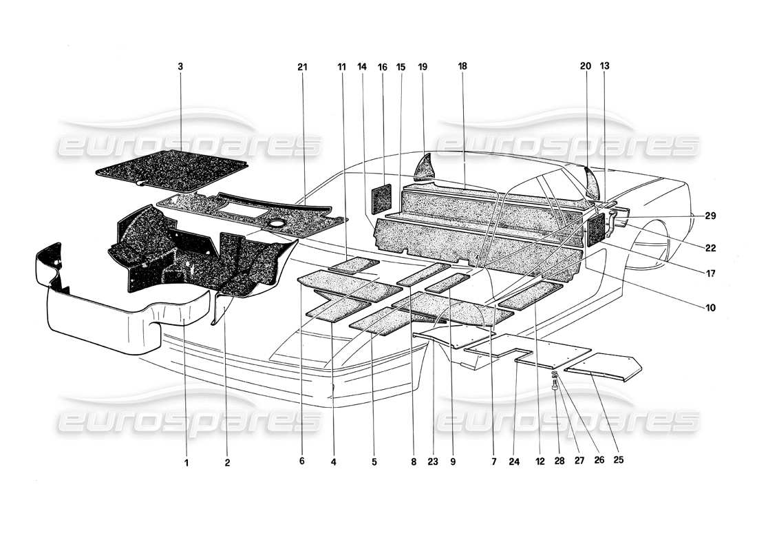 Ferrari Testarossa (1990) Paneles de alfombra y aislamiento Diagrama de piezas