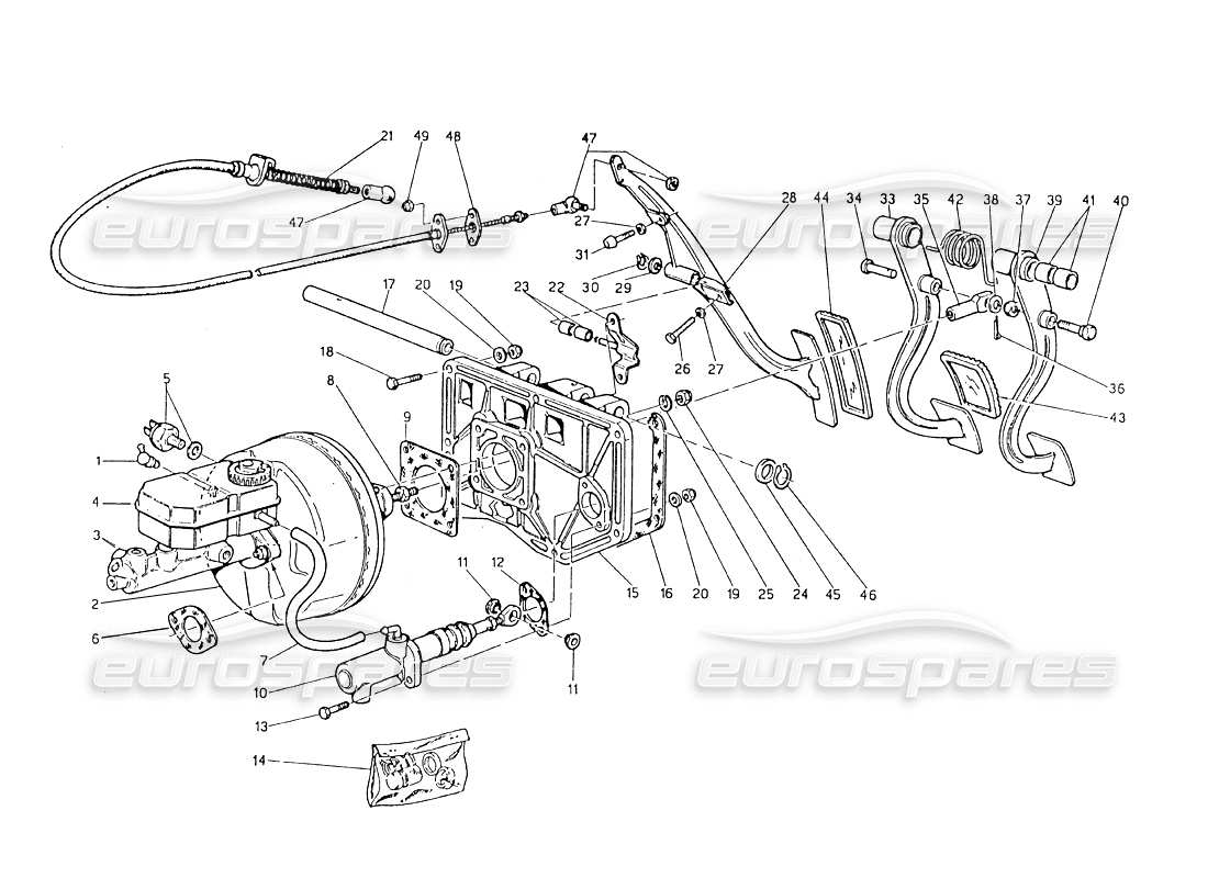 Maserati Biturbo 2.5 (1984) Conjunto de pedal - Refuerzo de freno - Bomba de embrague Diagrama de piezas