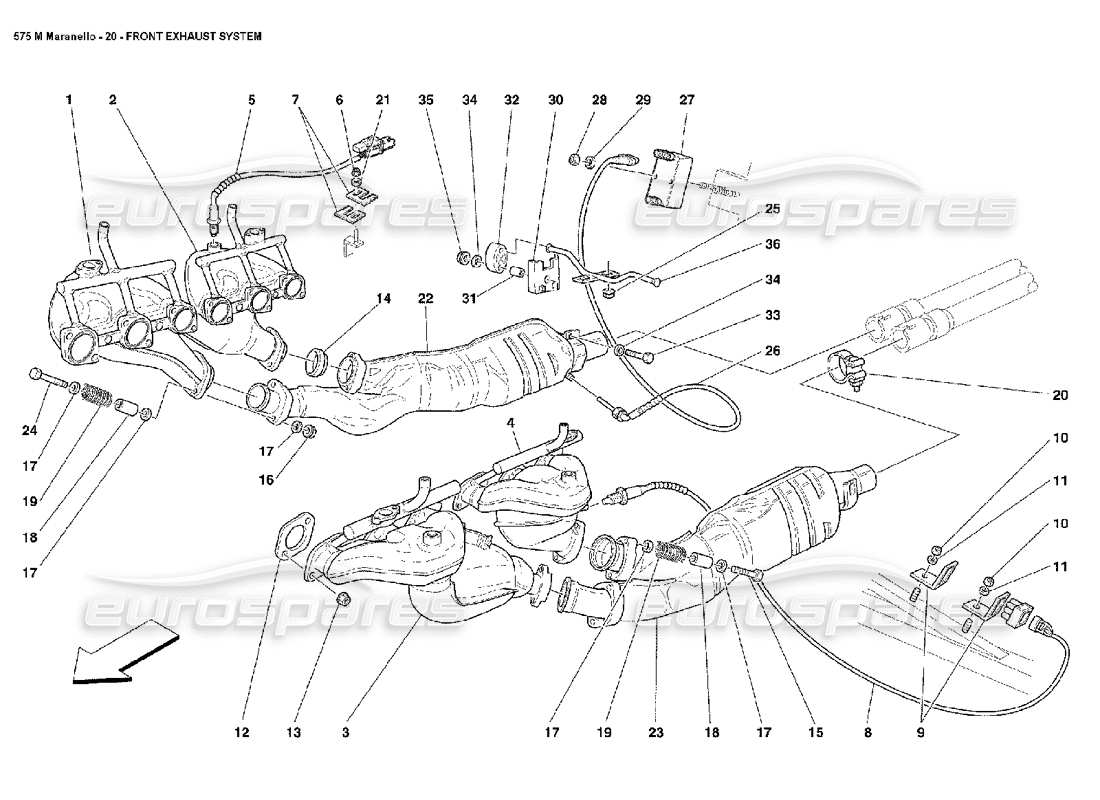 Ferrari 575M Maranello Sistema de escape delantero Diagrama de piezas