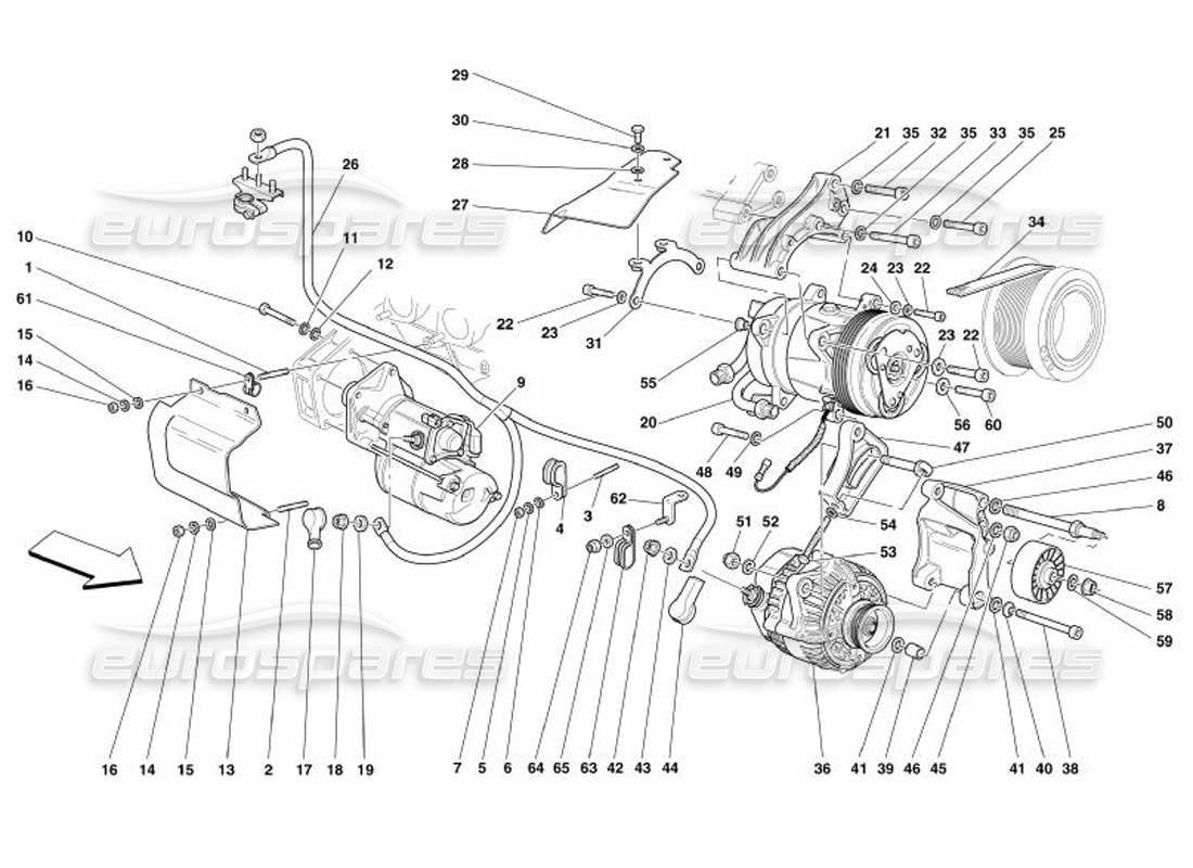 Ferrari 575 Superamerica Motor de arranque del alternador y compresor de CA Diagrama de piezas