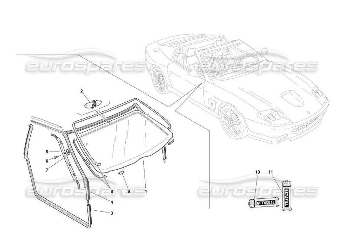Ferrari 575 Superamerica Vidrios y Juntas Diagrama de piezas