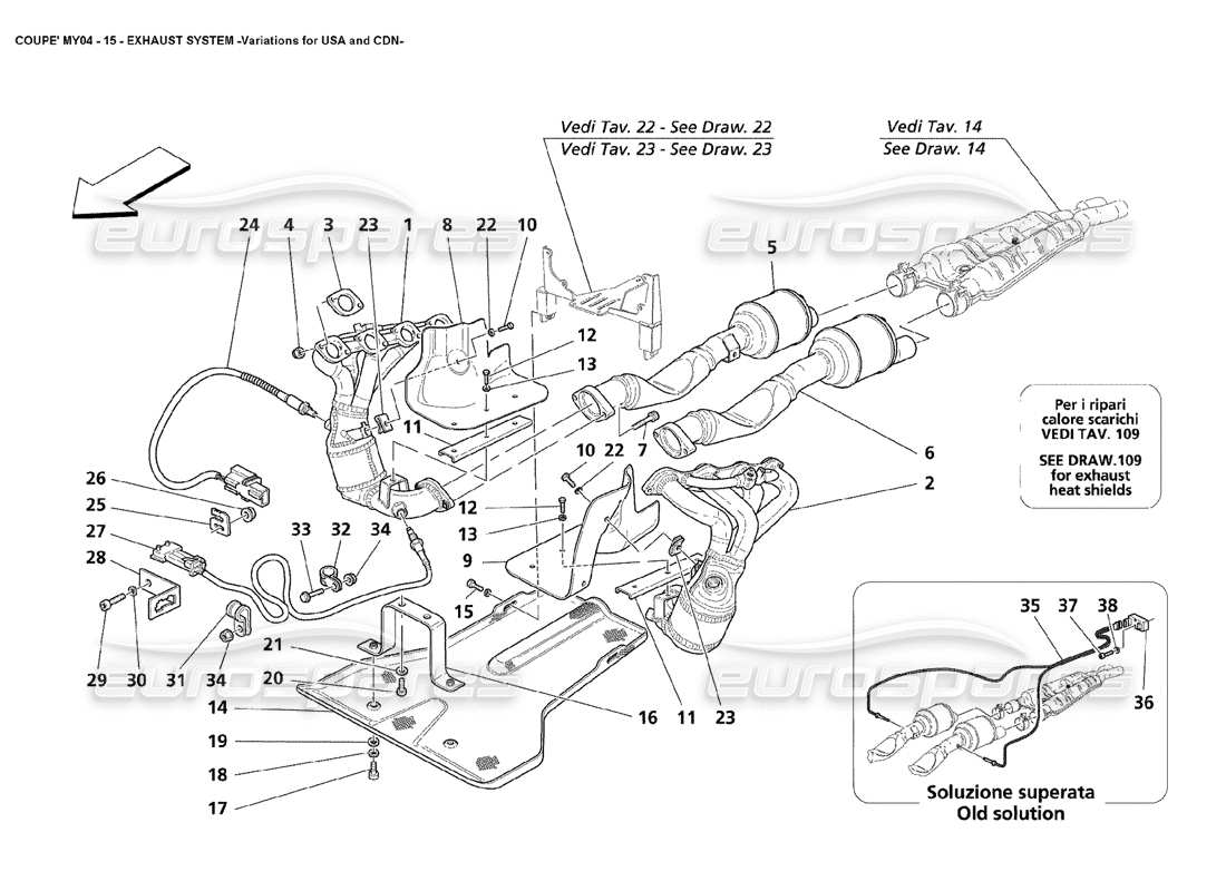 Maserati 4200 Coupé (2004) Variaciones del sistema de escape para EE. UU. y CDN Diagrama de piezas