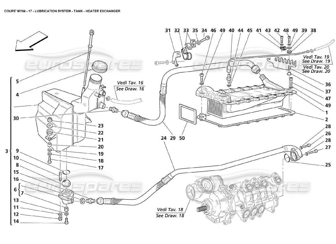 Maserati 4200 Coupé (2004) Intercambiador del calentador del tanque del sistema de lubricación Diagrama de piezas