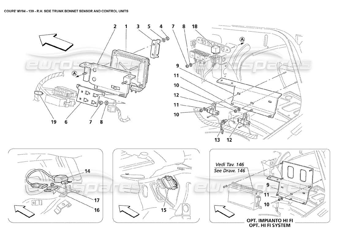 Maserati 4200 Coupé (2004) Diagrama de piezas de las unidades de control y sensores del capó del lado derecho del maletero