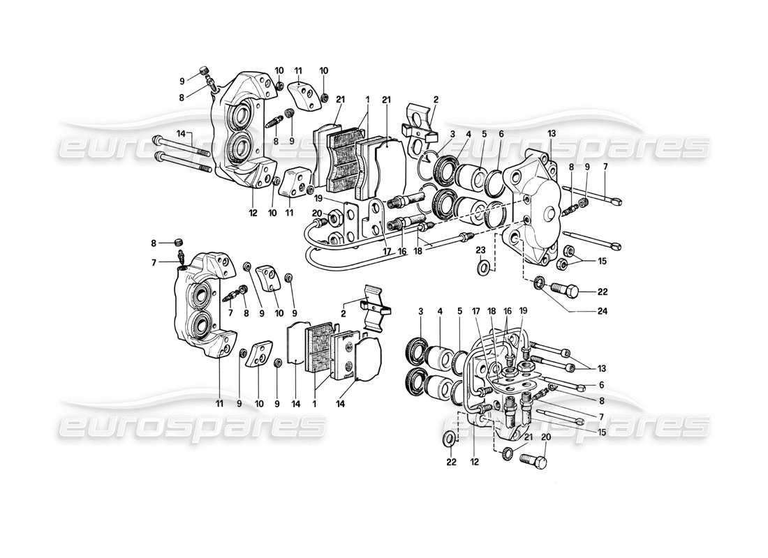 Ferrari 400i (1983 Mecánico) Pinzas para frenos delanteros y traseros Diagrama de piezas