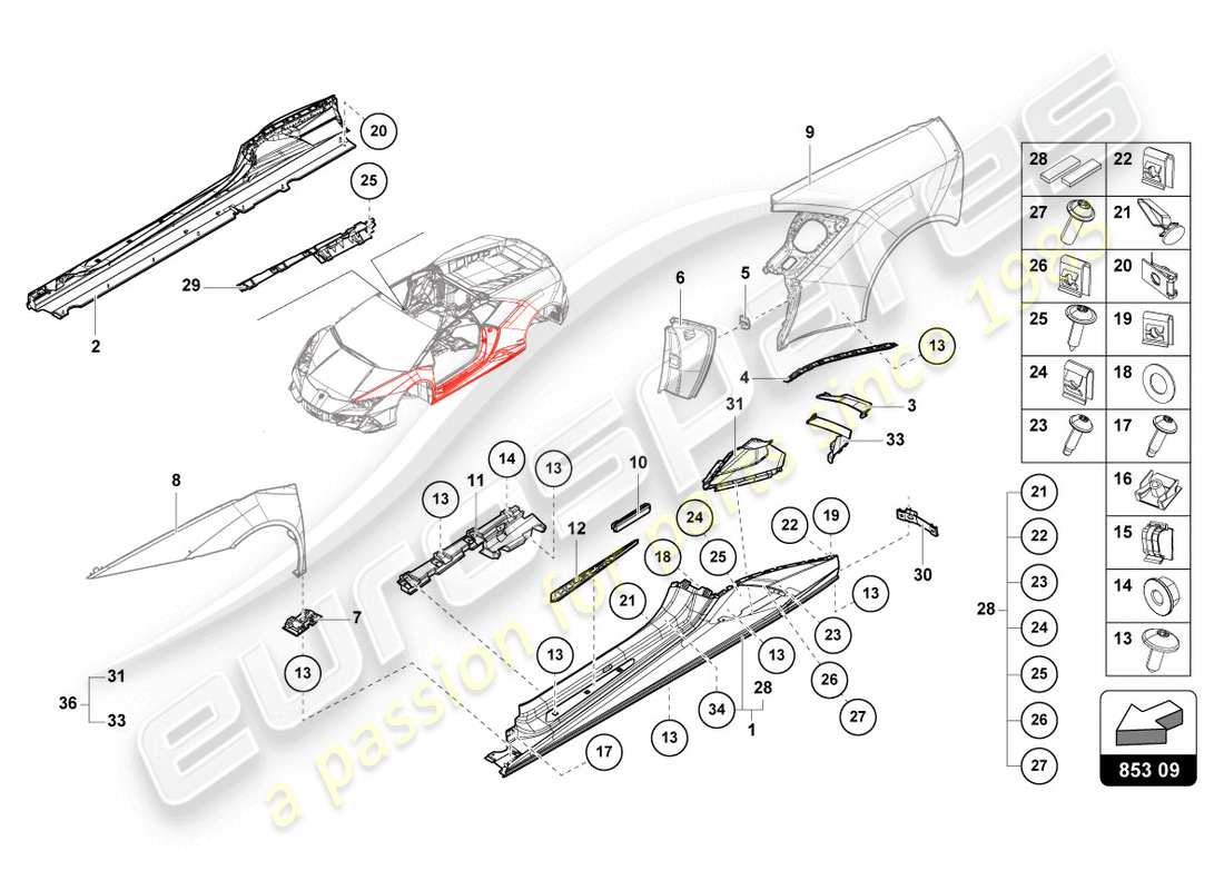 Lamborghini Evo Coupé 2WD (2020) LATERAL EXTERNO INFERIOR PARA PASAJE DE RUEDA Diagrama de piezas