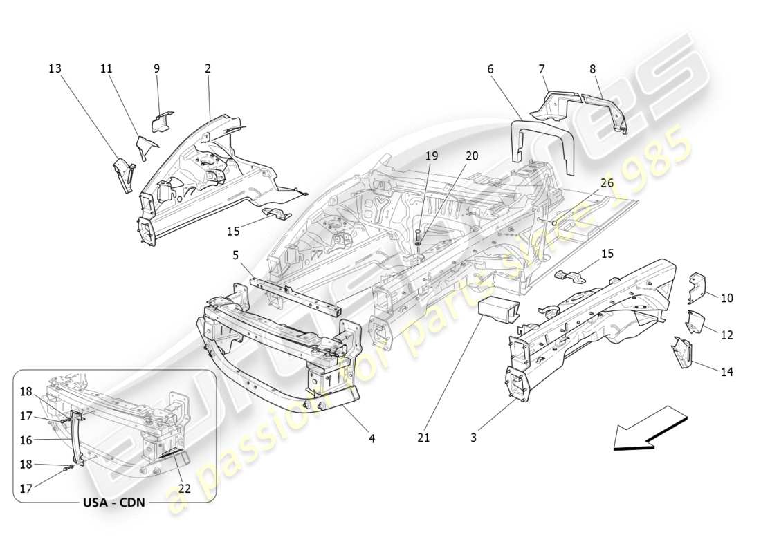 Maserati GranTurismo (2009) MARCOS ESTRUCTURALES FRONTALES Y PANELES DE CHAPA Diagrama de piezas