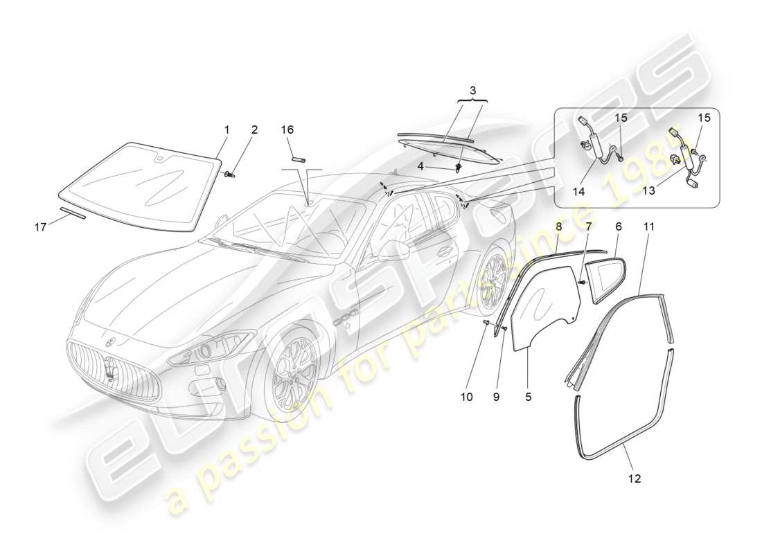 Maserati GranTurismo (2012) VENTANAS Y BANDAS DE VENTANAS Diagrama de piezas